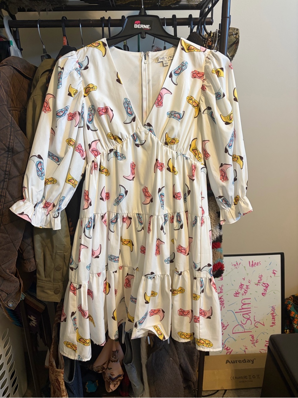 White Tiered v-Neck Dress with Colorful Boot Print